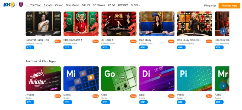 BK8 cung cấp nhiều game hay